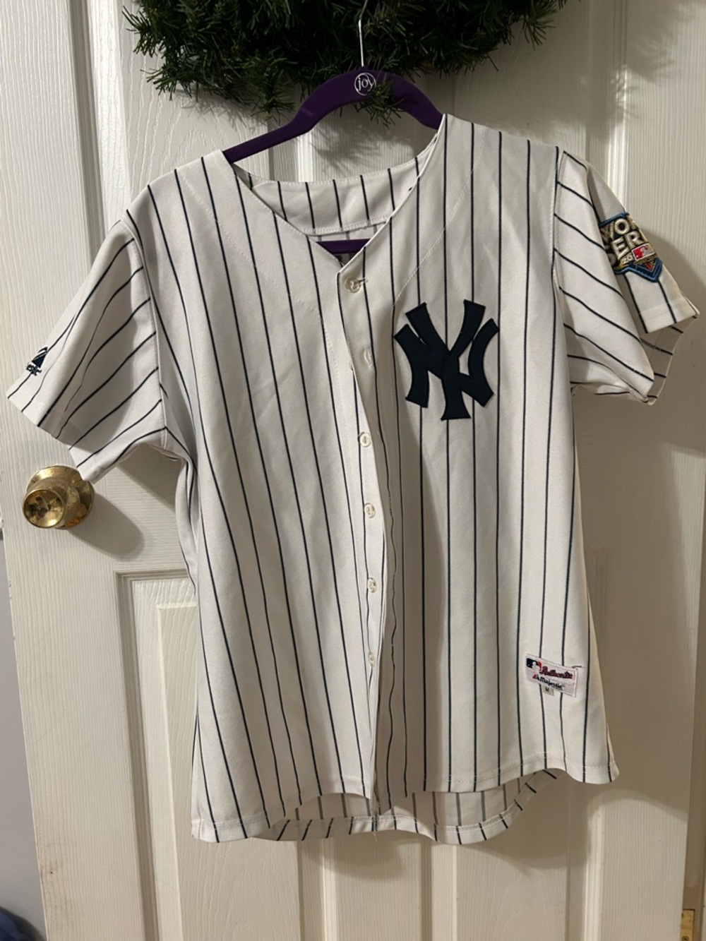 Majestic New York Yankees White Pinstripe Jersey with Navy Logo